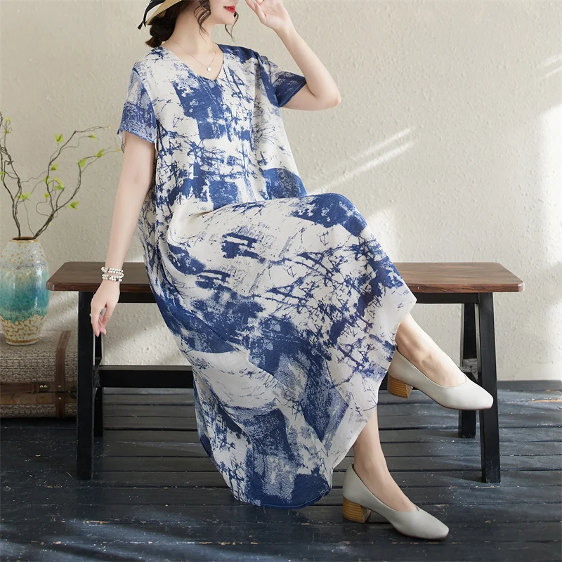 سفر طويل Dr round Ne V-Ne مطبوع من القطن والكتان فضفاض مناسب للتخسيس وحاشية غير متماثلة وطباعة زهور للوسائط المائية