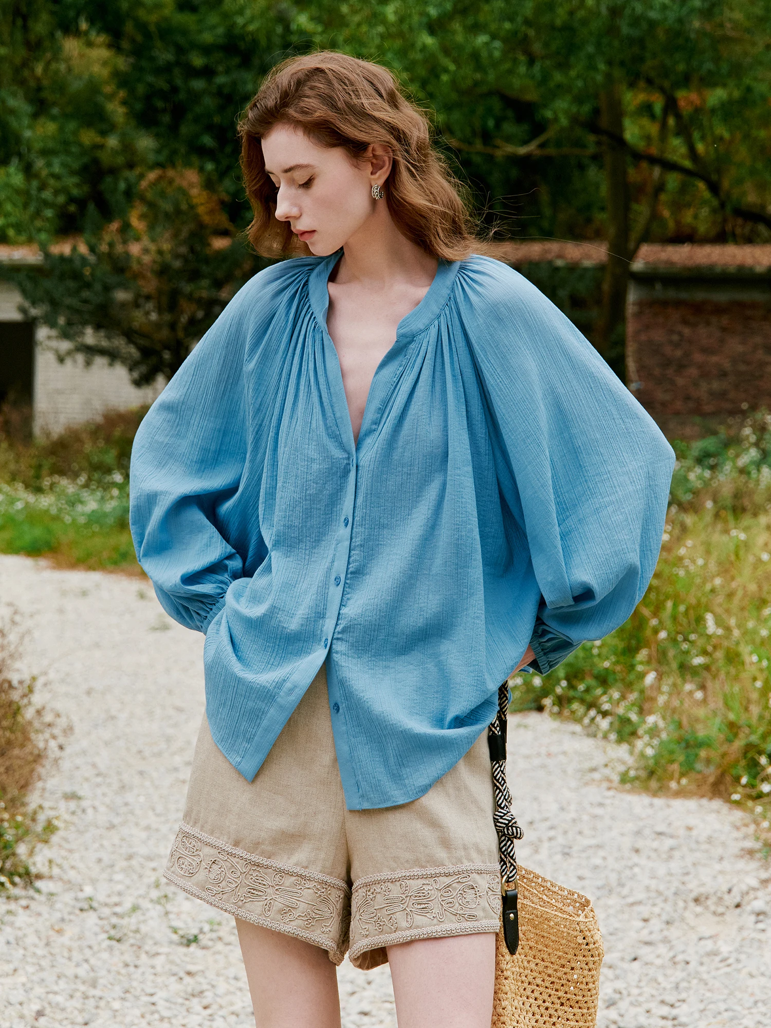 

Summer Breeze Affinity Batwing Sleeve Cotton Shirt Loose Fit V-Neck Women's Casual Comfortable Breathable Thin Long Sleeve Shirt