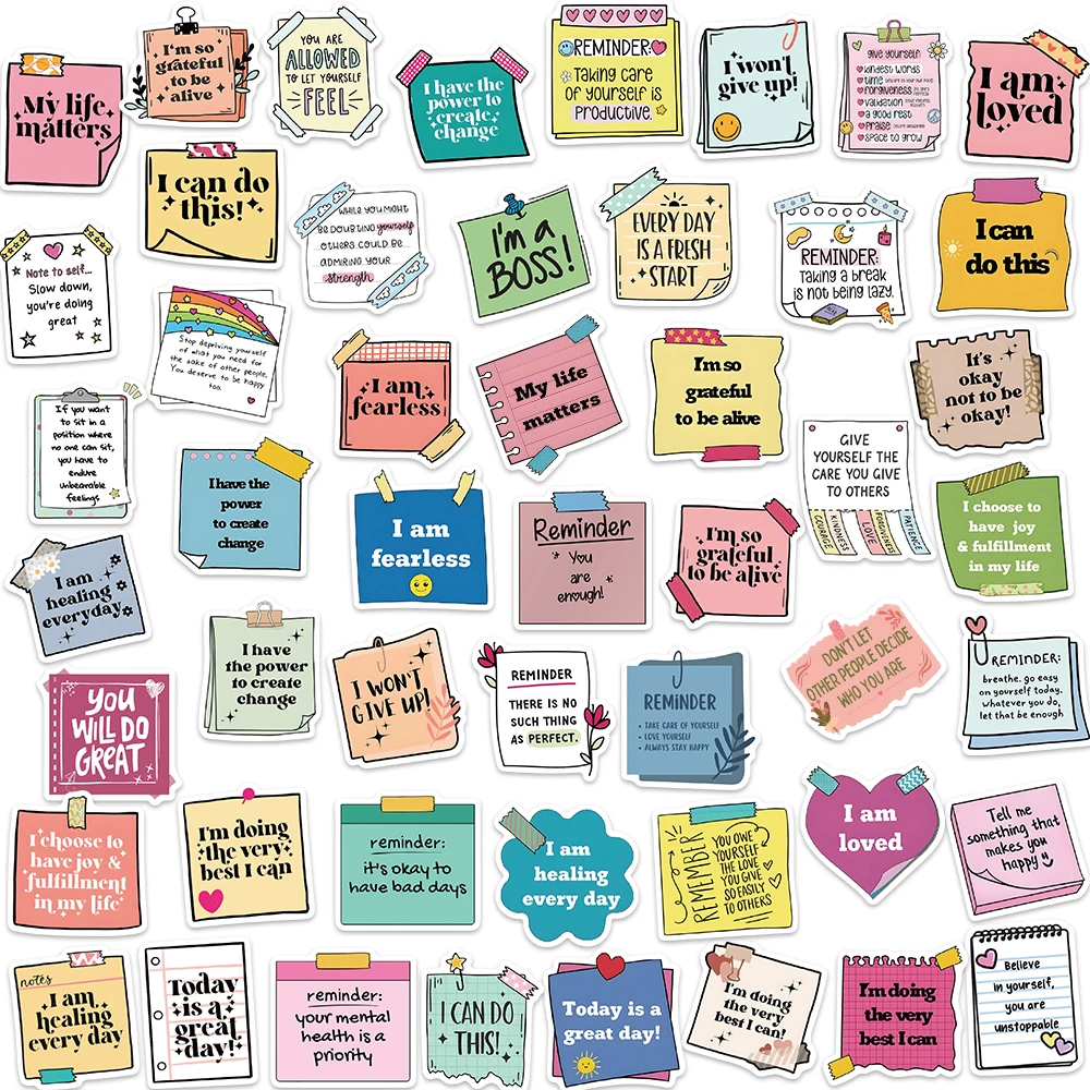50PCS Self affirmation and motivational labels stickers Cartoon graffiti Guitar Fridge DIY Handwritter account text stickers