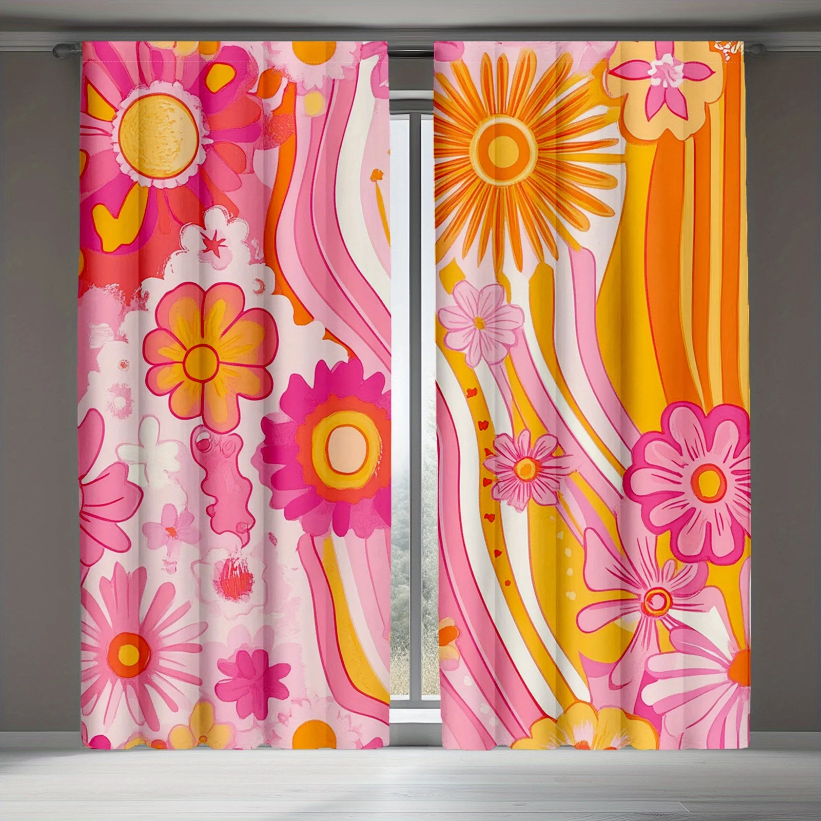Colorful Floral Sunshine Print Curtain Panels Pink Yellow Orange Retro Bohemian Curtains for Living Room and Bedroom Decoration
