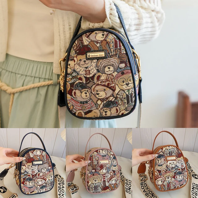 Beibaobao nowa 2024 pojedyncza torba na ramię Crossbody haftowany mały miś torba z motywem kreskówkowym torba na telefon komórkowy moda codzienna torba damska