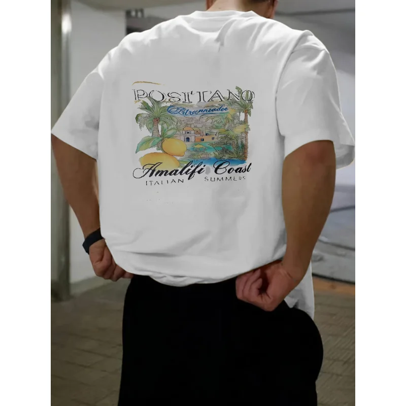 Camiseta de hombre blanca Positano Amalfi Coast Italia verano estampado patrón y texto algodón de alta calidad 180g
