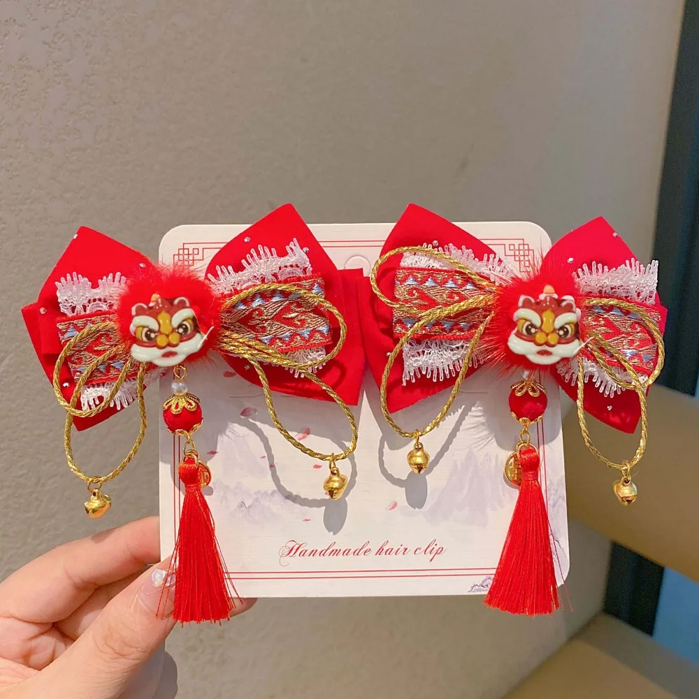 

Princess Lion Children's Chinese Hairpin Bow Plush Ball Embroidered Bow Headwear Tassel Beads New Year Barrettes Party
