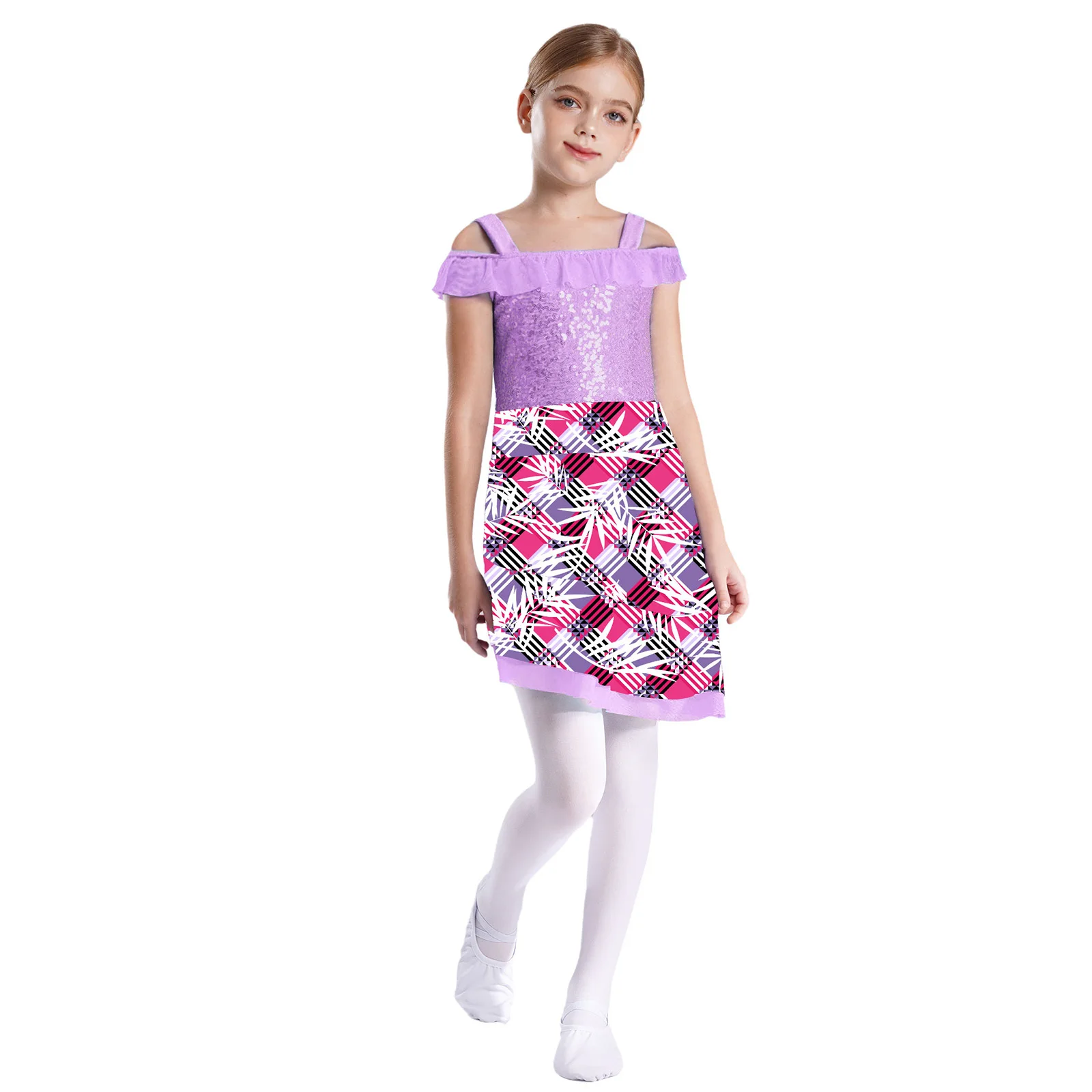 Vestido de dança tutu de balé para crianças, meninas, ginástica, treino, roupa de dança, bainha assimétrica, vestidos estampados para performance escolar