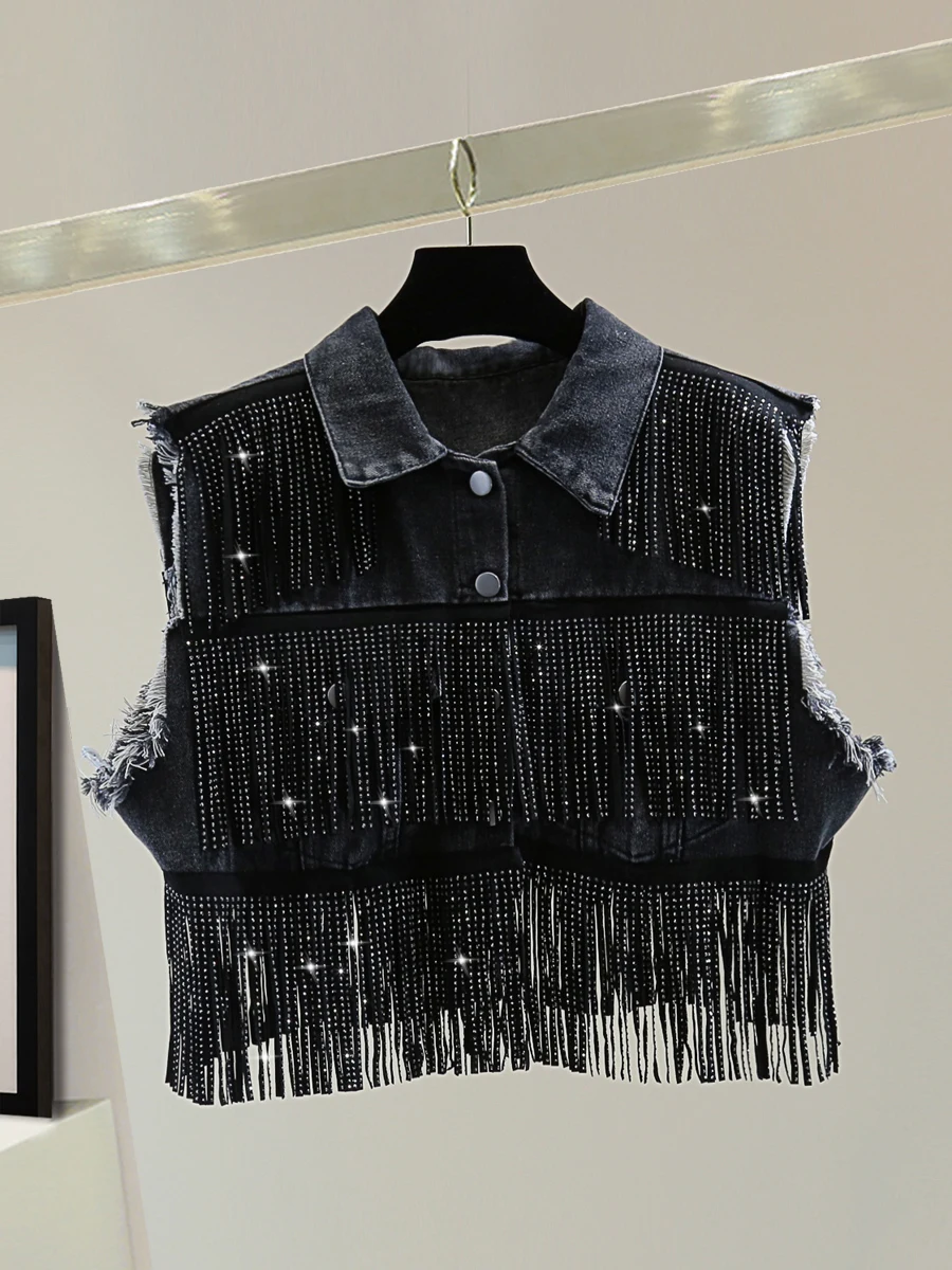 

Slimming High Waist ort Denim irt Tassel Trim Svel Pure Color Casual Vest Summer 2024 Korean Sle Commute Col...