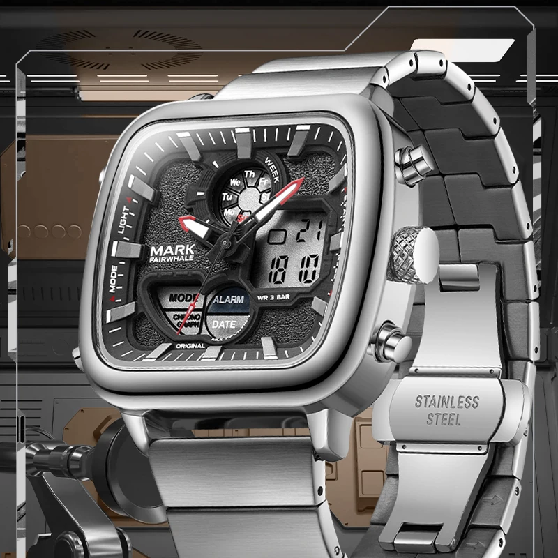 مارك فيرويل ساعات للرجل 4420 جديد المزدوج عرض مربع الهاتفي الفولاذ المقاوم للصدأ ساعات كوارتز مقاوم للماء ساعة رجالية هدية صندوق
