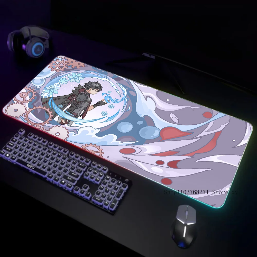 Genshin Impact Wriothesley Mousepad XXL RGB وسادات ماوس الألعاب HD ملحقات الألعاب السوداء LED الكبيرة