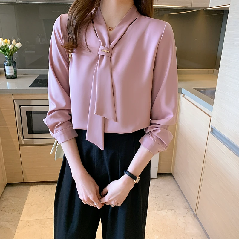 Long Sleeve White Blouse Bow V-neck Chiffon Blouse Shirt Women Tops Blouse Women Blusas Mujer De Moda 2024Women Blouses E367