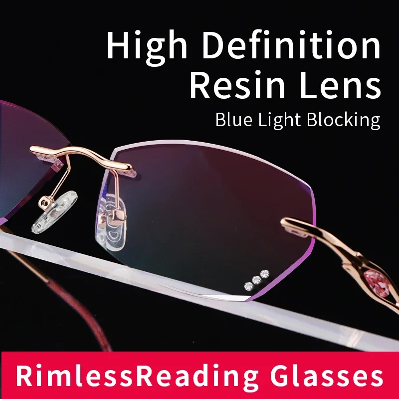 Rimless Anti Blue Ray Anti-fatigue Reading glasses for Women, Tinted Presbyopia Eyeglasses,Anti Glare Readers Magnifying Glass