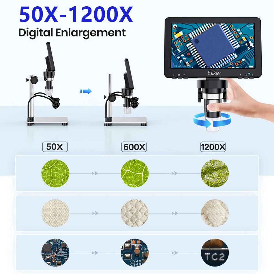 Elikliv EDM9 – Microscope numérique LCD 7 pouces 1080P 50X-1200X électronique à souder avec lumières LED Support PC ordinateur