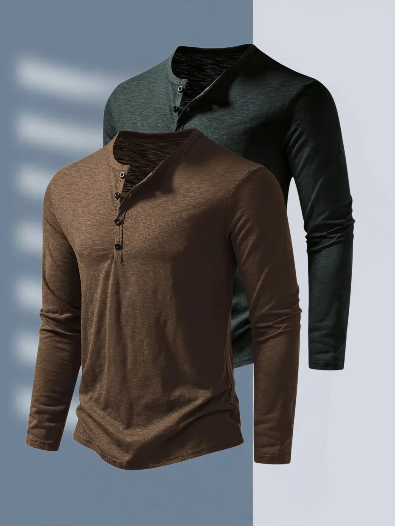 Mens Henley Long Sleeve T Shirt Solid Color Button Placket Crew Neck Slim Fit Casual Basic Tee Male Daily Tops