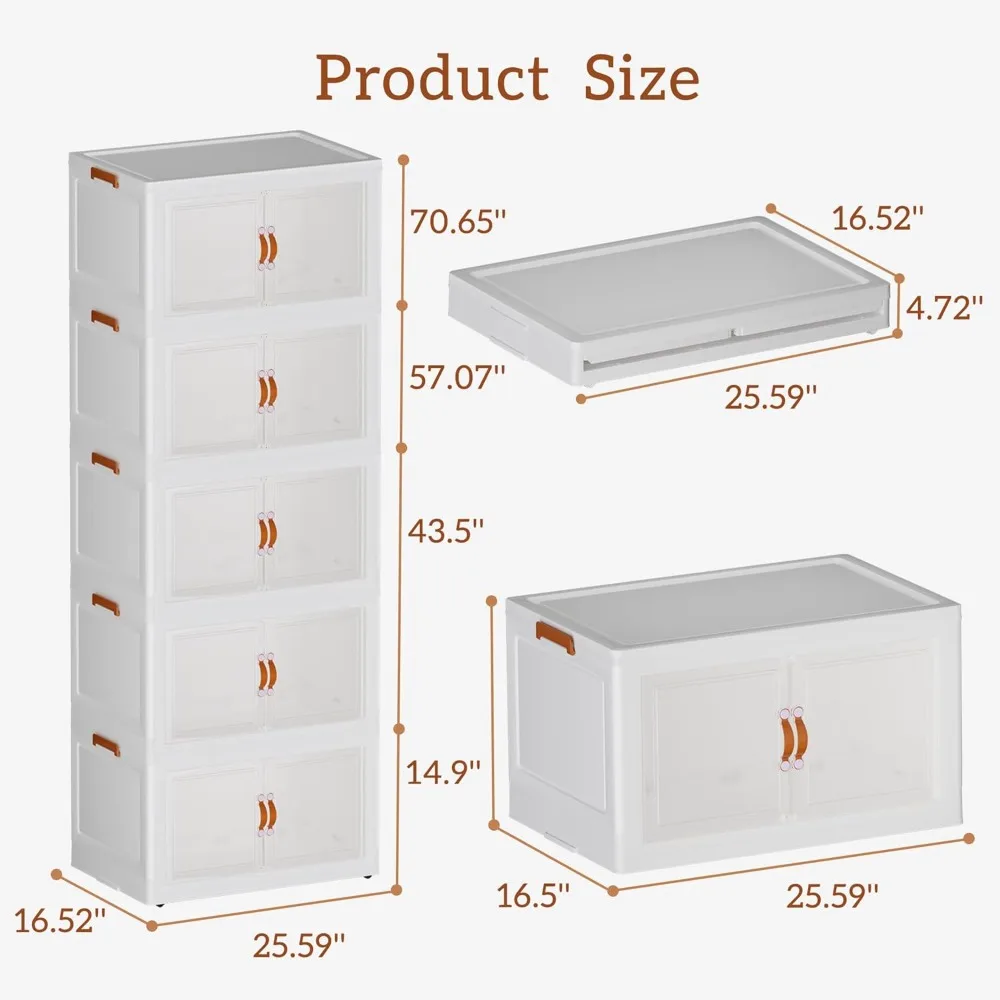 Storage Bins with Lids Pantry Cabinet 24 Gal Stackable Storage Cabinet with 5 Drawers, Wardrobe Closet, Foldable Organization