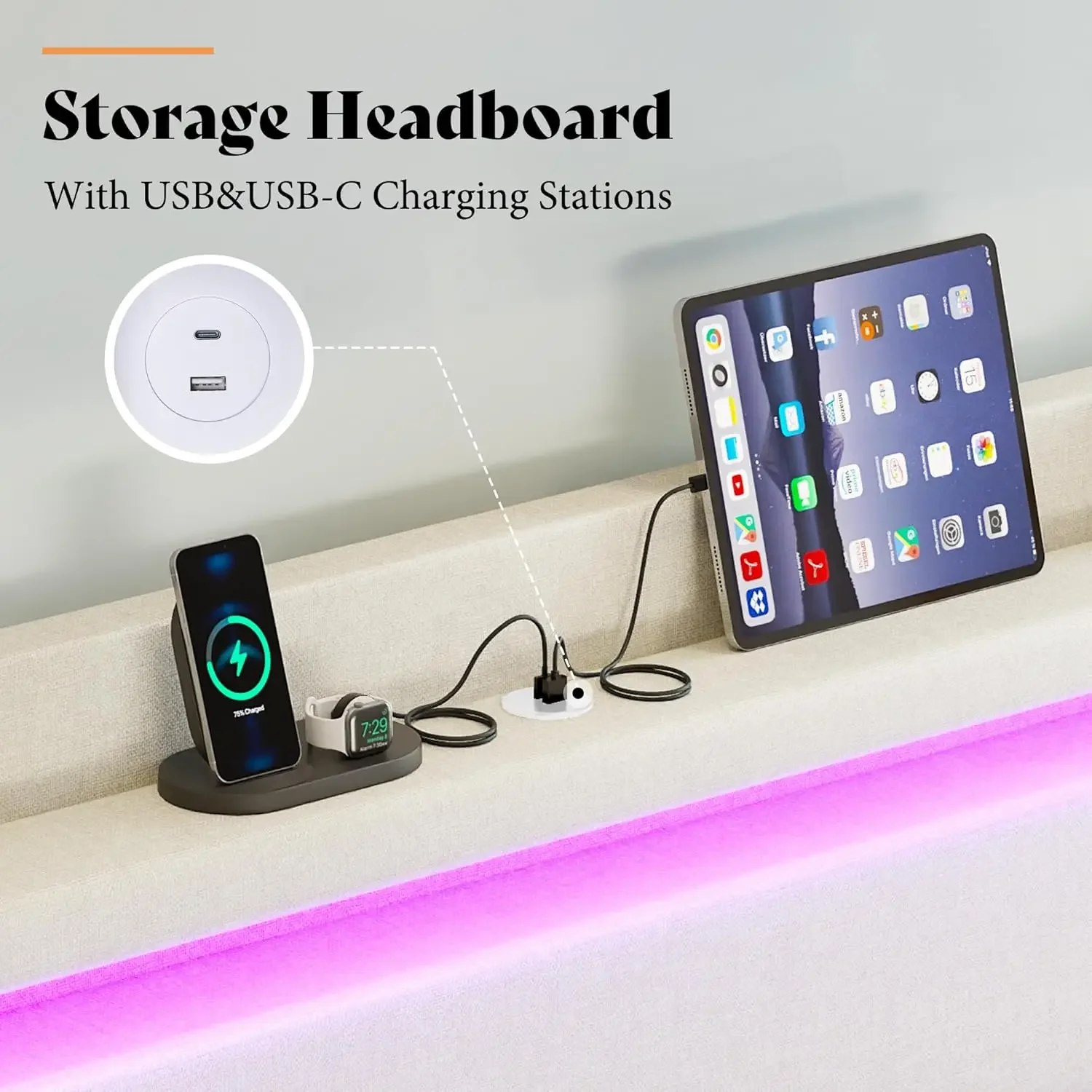 Marco de cama tamaño queen con luces LED y cabecera trasera, cama con plataforma tapizada con puertos USB y USB-C, no necesita somier