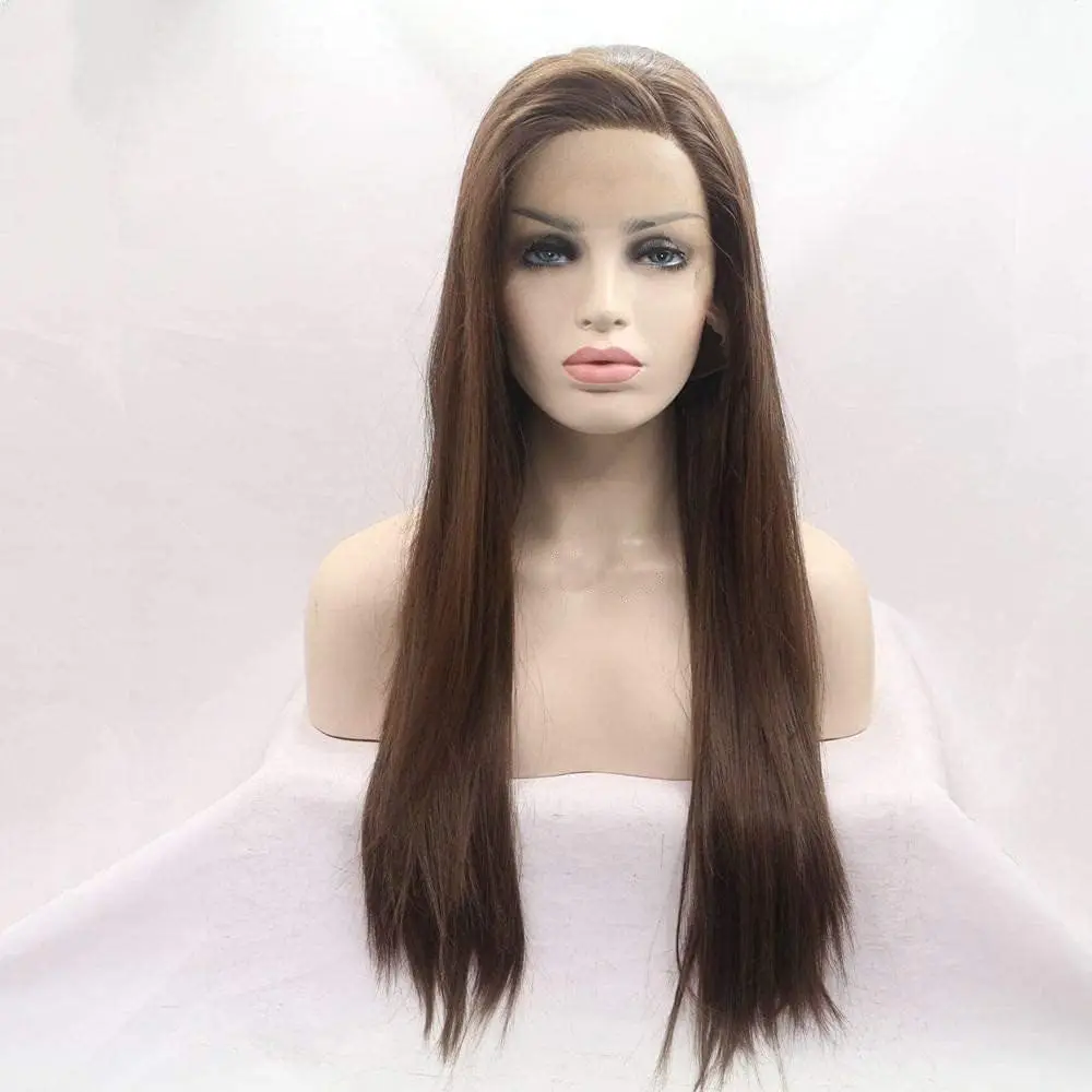 Long Silk Straight 6# Dark Brown 13*3 Lace Front Glueless Wigs Side Part Synthetic For Women Hair Heat Resistant Fiber Hair