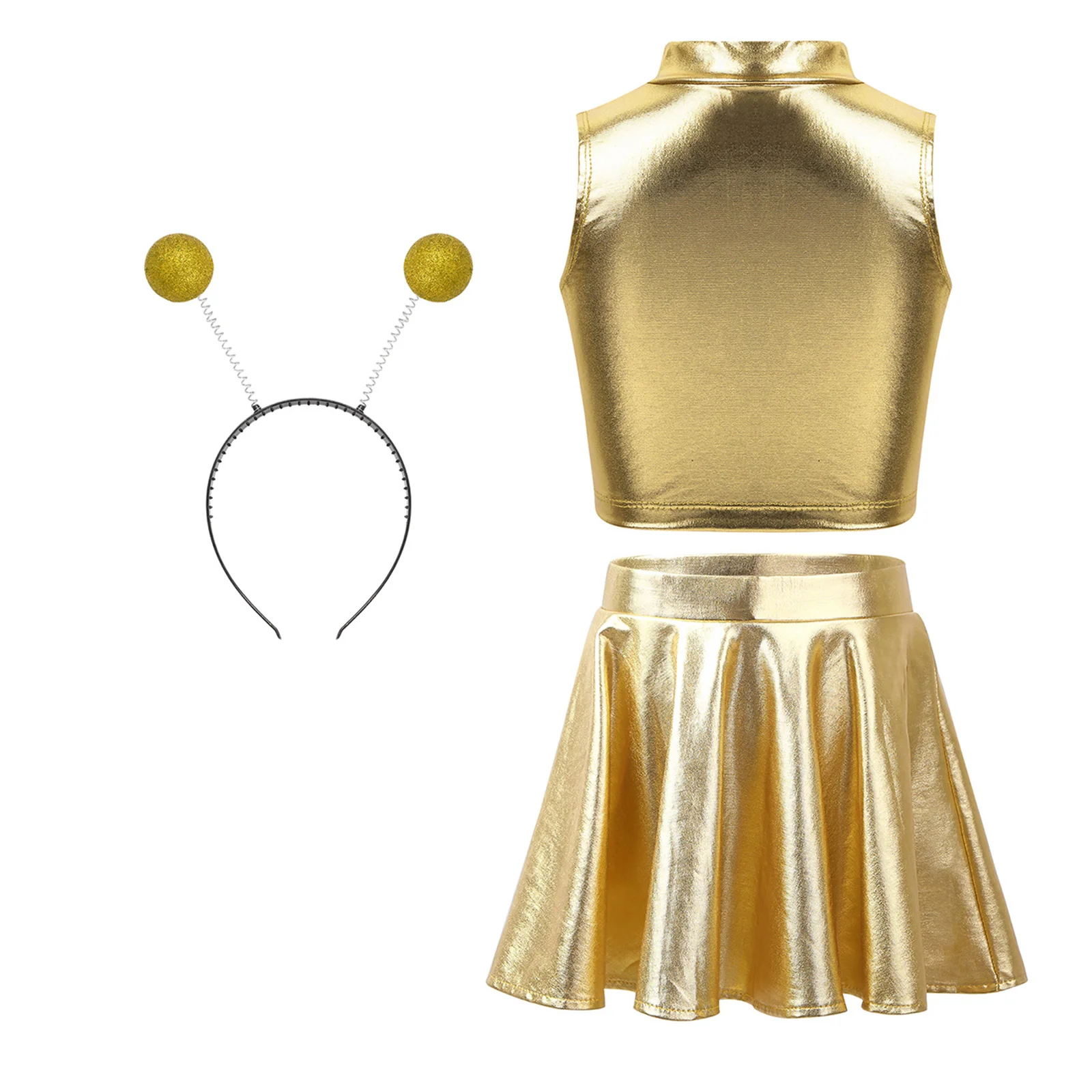 Meisjes Halloween Outerspace Astronaut Alien Robot Cosplay Kostuum Metallic Tank Crop Top en Plooirok Carnaval Dansset