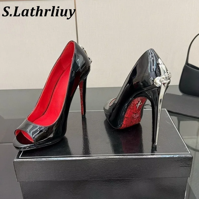 Lacquer Leather Super High Heels Single Shoes Women's Fashion Metal Decoration Office Shoes Summer Gladiator Temperament Pumps