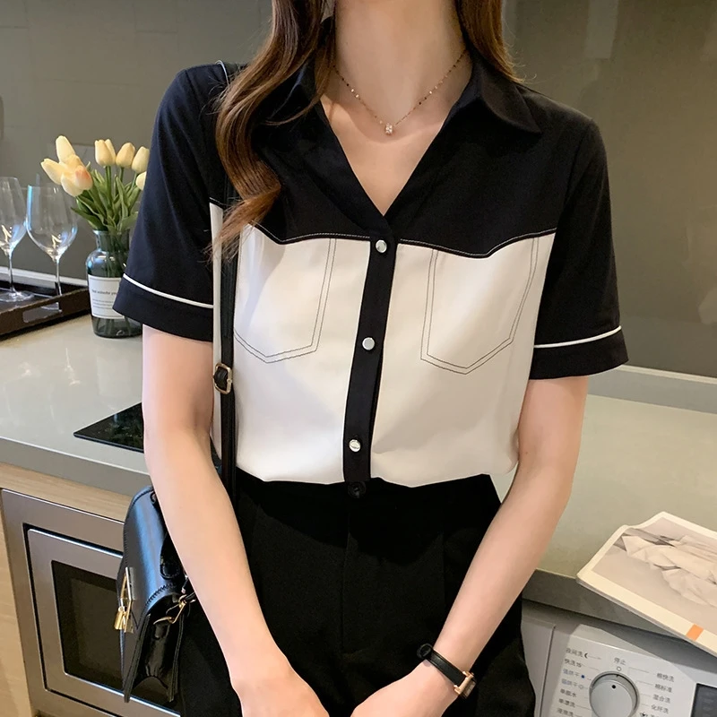 

Women Black White Contrast Color Patchwork Chiffon Blouse Turn-down Collar Short Sleeve Shirt Summer Fashion Elegant Casual Tops