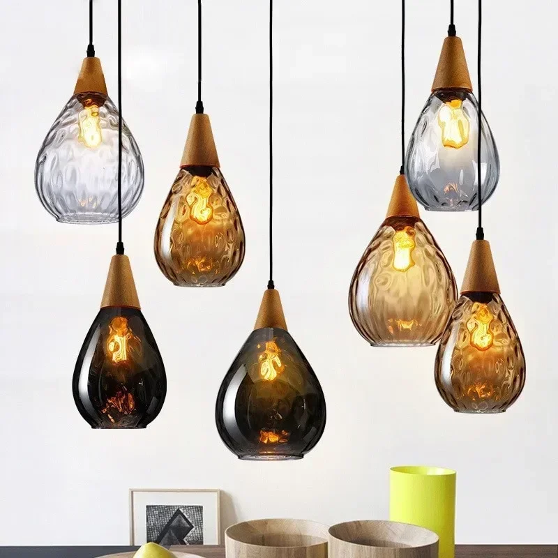 

Retro Water Grain Glass Chandelier Restaurant Bar Creative Personality Bar Card Holder Industrial Style American Water Drop Lamp