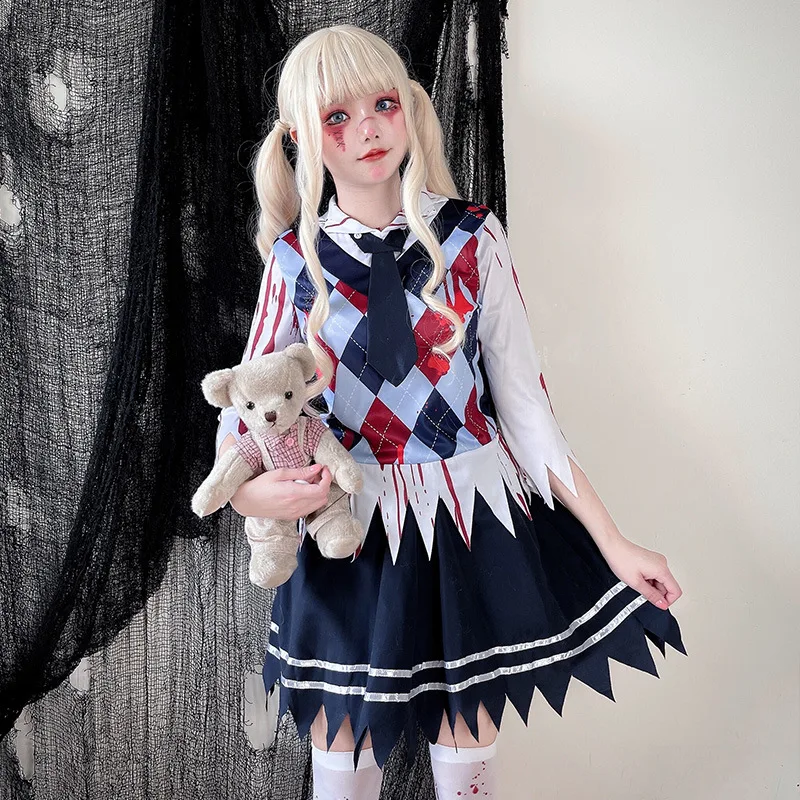 

loween Horror Doll Zombie Student orm Bloodthirs Soul Break Clown Performance Costume Chinese Production