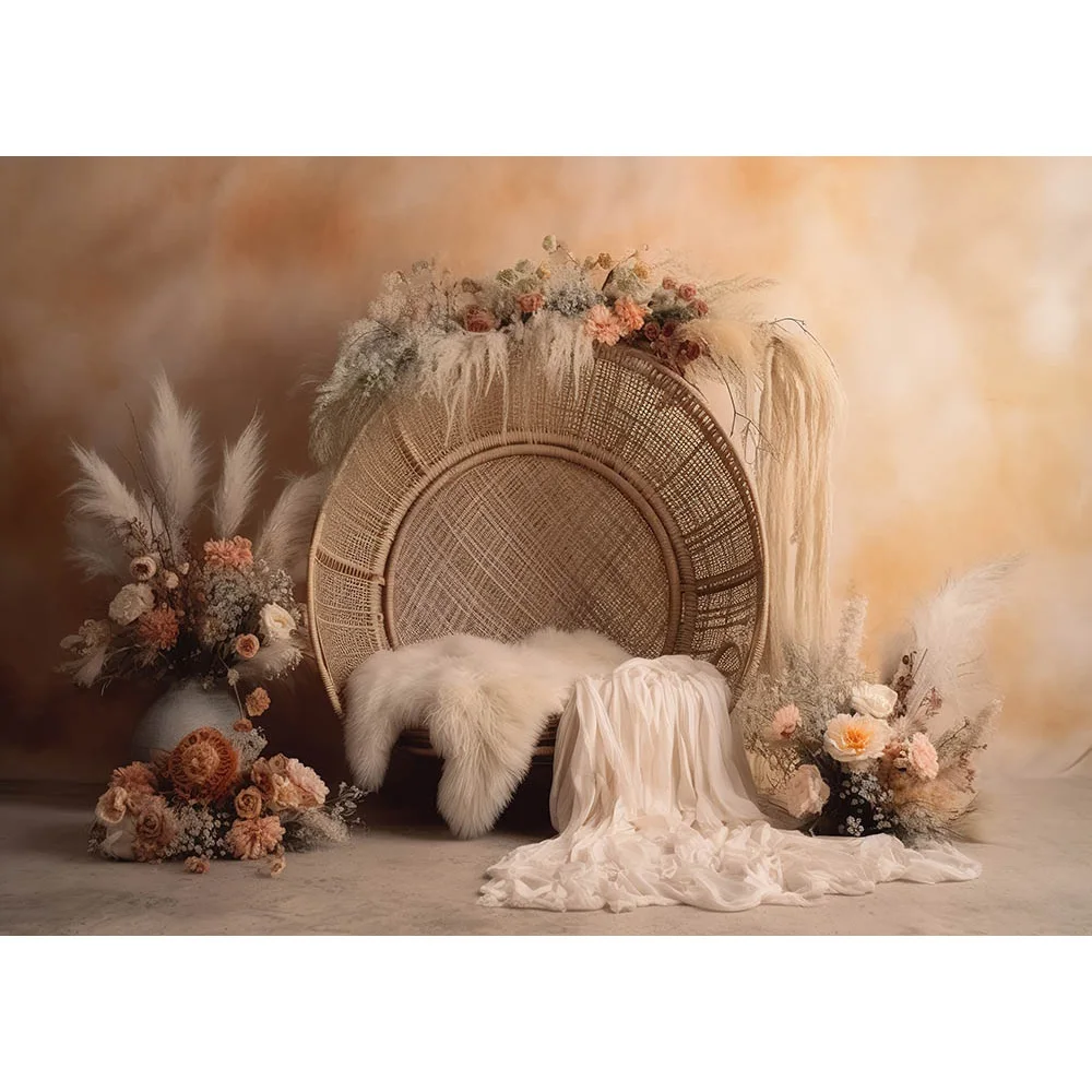 โบฮีเมียนเด็กโชว์พื้นหลังดอกไม้หวายตกแต่งเก้าอี้ถ่ายภาพฉากหลังถ่ายภาพในสตูดิโอแบนเนอร์ภาพศิลปะแม่ตั้งครรภ์