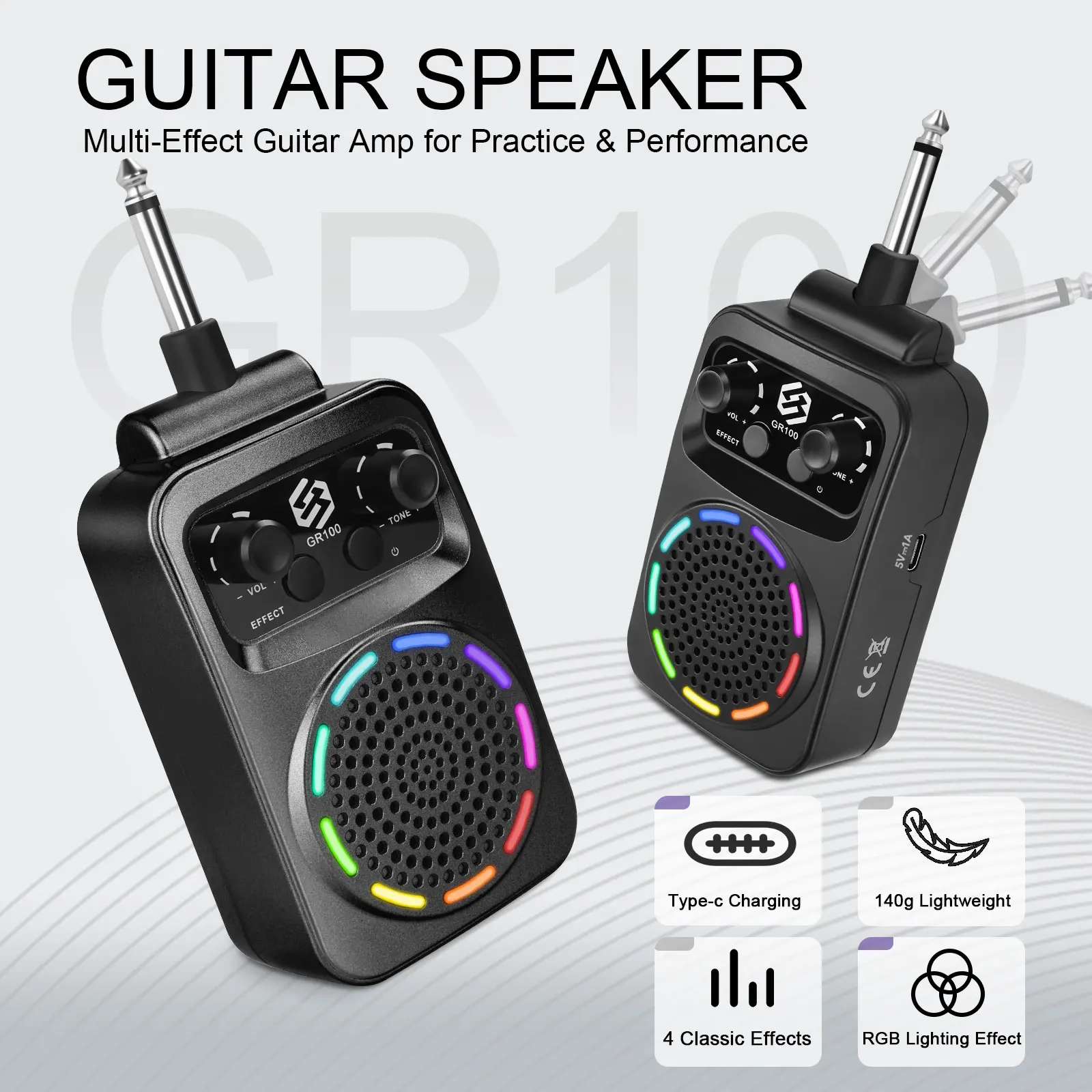 LMBGM GR100 Amp Bluetooth 5W, Rechargeable Guitar Amplifier with 4 Effects Clean Overdrive Distortion Reverb for Practice, Black