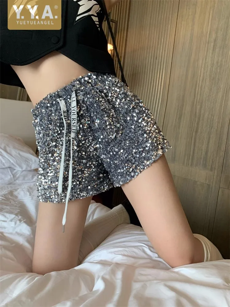 Fashion Nightclub Silvery Sequinned Shorts Women High Waist Straight Mini Trousers Design Street Summer Casual Shorts Female