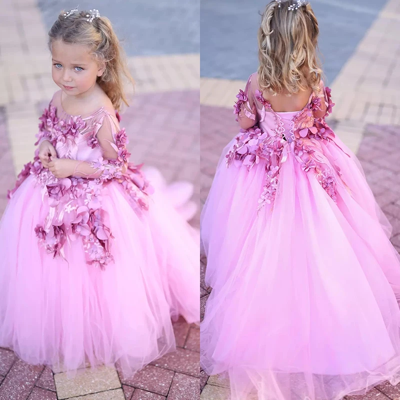 

Pink Puffy Flower Girl Dress For Wedding Applique Beaded Tulle Ball Gowns Long Sleeves Kids Birthday Party First Communion Dress