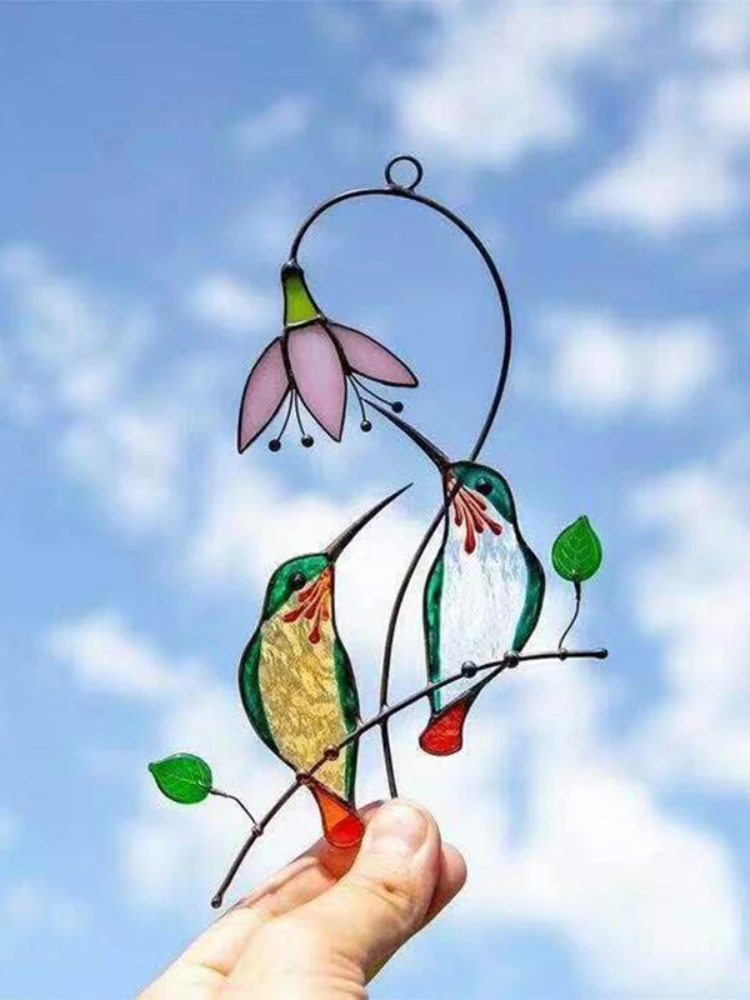 

Colored Window Bird Pendant Metal Stained Glass Handicraft Wall Hanging Bird Ornament Garden Balcony Hummingbird Yard Home Decor
