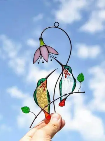 컬러 창문 새 펜던트, 금속 스테인드 글라스, 수공예 벽걸이 새 장식, 정원 발코니 벌새 마당 홈 장식