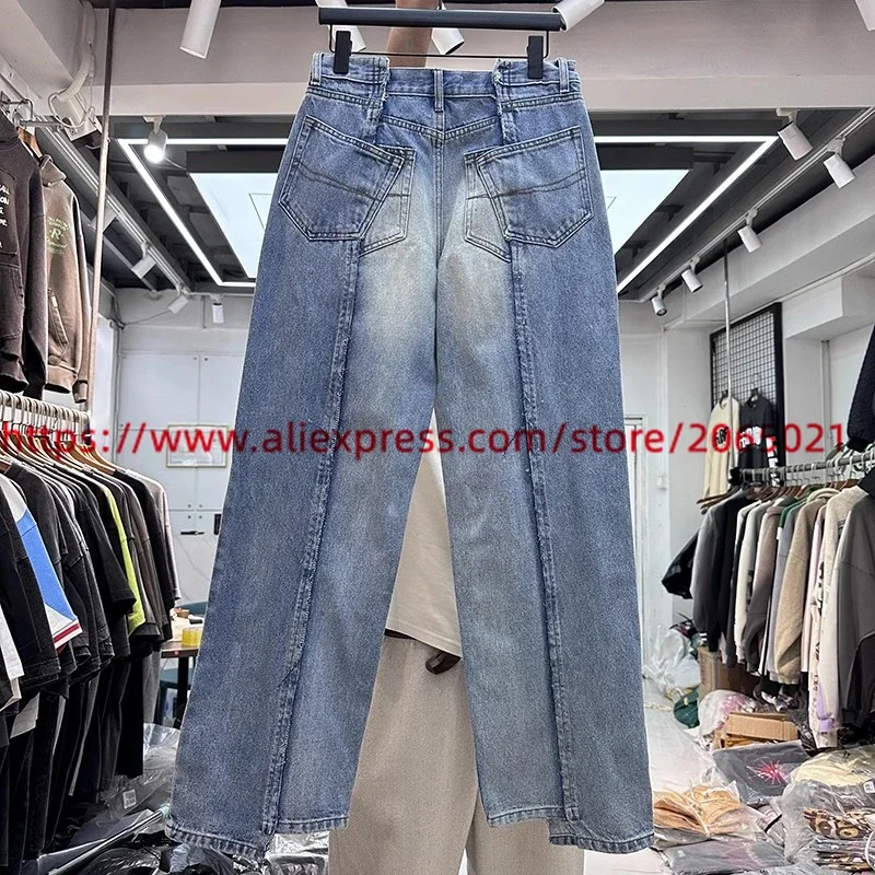 

Irregular Patchwork Splicing Straight Leg jeans Pants For Men Women Washed Trousers