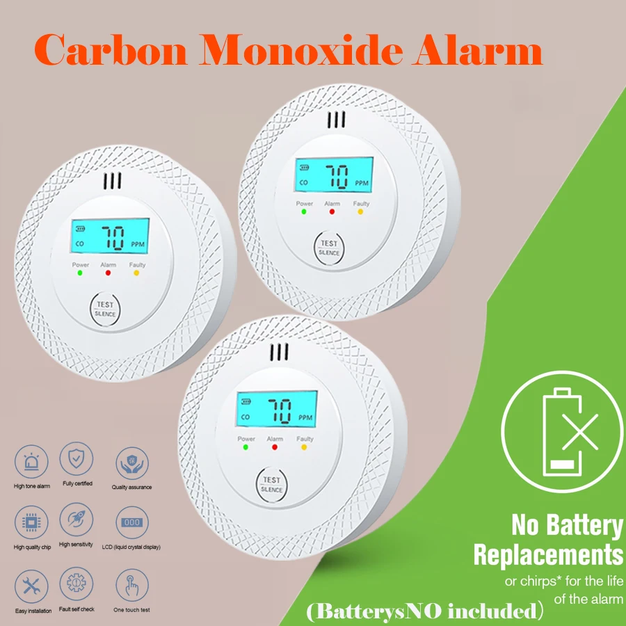 Paquete de 3 alarmas detectoras de monóxido de carbono, detector de CO con pantalla LCD digital, detectores de monóxido de carbono con batería reemplazable para H