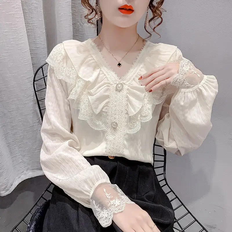 Spring Summer New Lace Patchwork Shirt Tops Long Sleeve V Neck Solid Color All-match Sweet Blouse Elegant Fashion Women Clothing