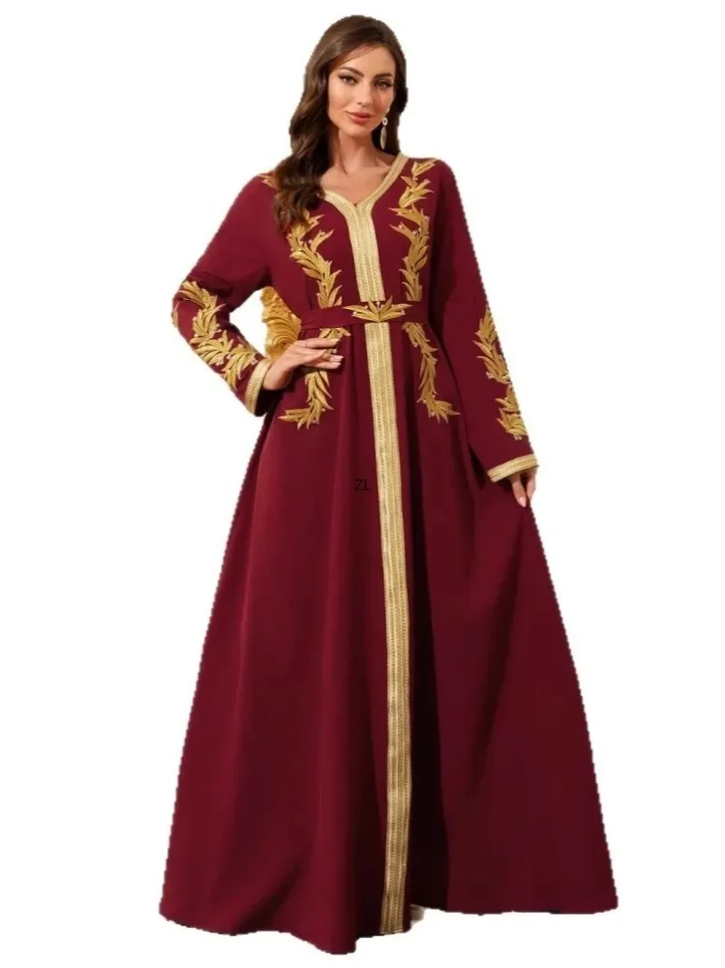 

Muslim Women Dress V Neck Ramadan Eid Party Abaya Dresses Embroidery Arab Long Robe Morocco Dubai Kaftan Islam Vestido Jalabiya