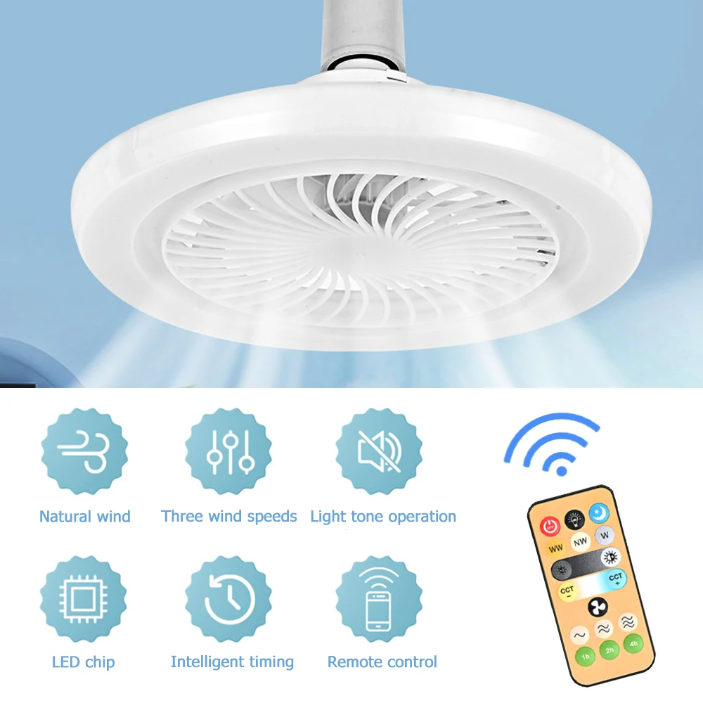 5​0W E27 Screw Base LED Ceiling Fan Lamp Tricolor & 3 Speeds Remote Control LED Fan Light 1-4 Hours Intelligent Timing for Home