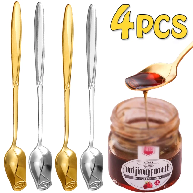 4/1Pcs Rose Flower Spoons Stainless Steel Coffee Tea Stirring Spoon Set Gold Sliver Kitchen Bar Ice Cream Salad Tableware Decor