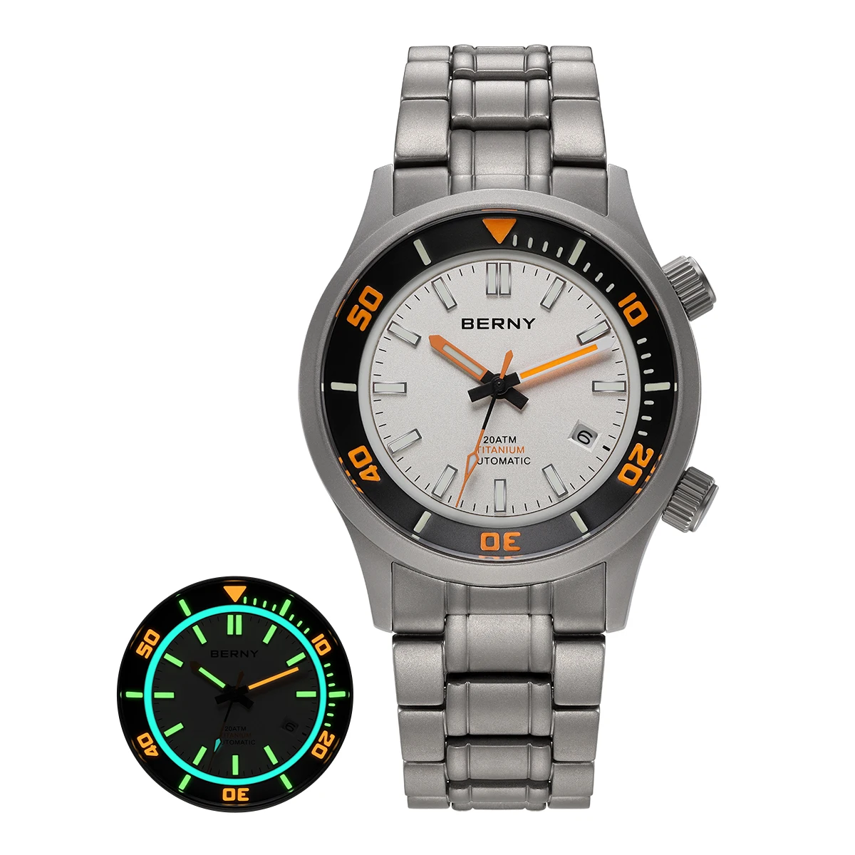 BERNY Automatische Taucheruhr aus Volltitan für Herren, superleuchtend, Saphir-AR-beschichtet, Miyota 8215, 20 ATM, Top mechanische Taucheruhr