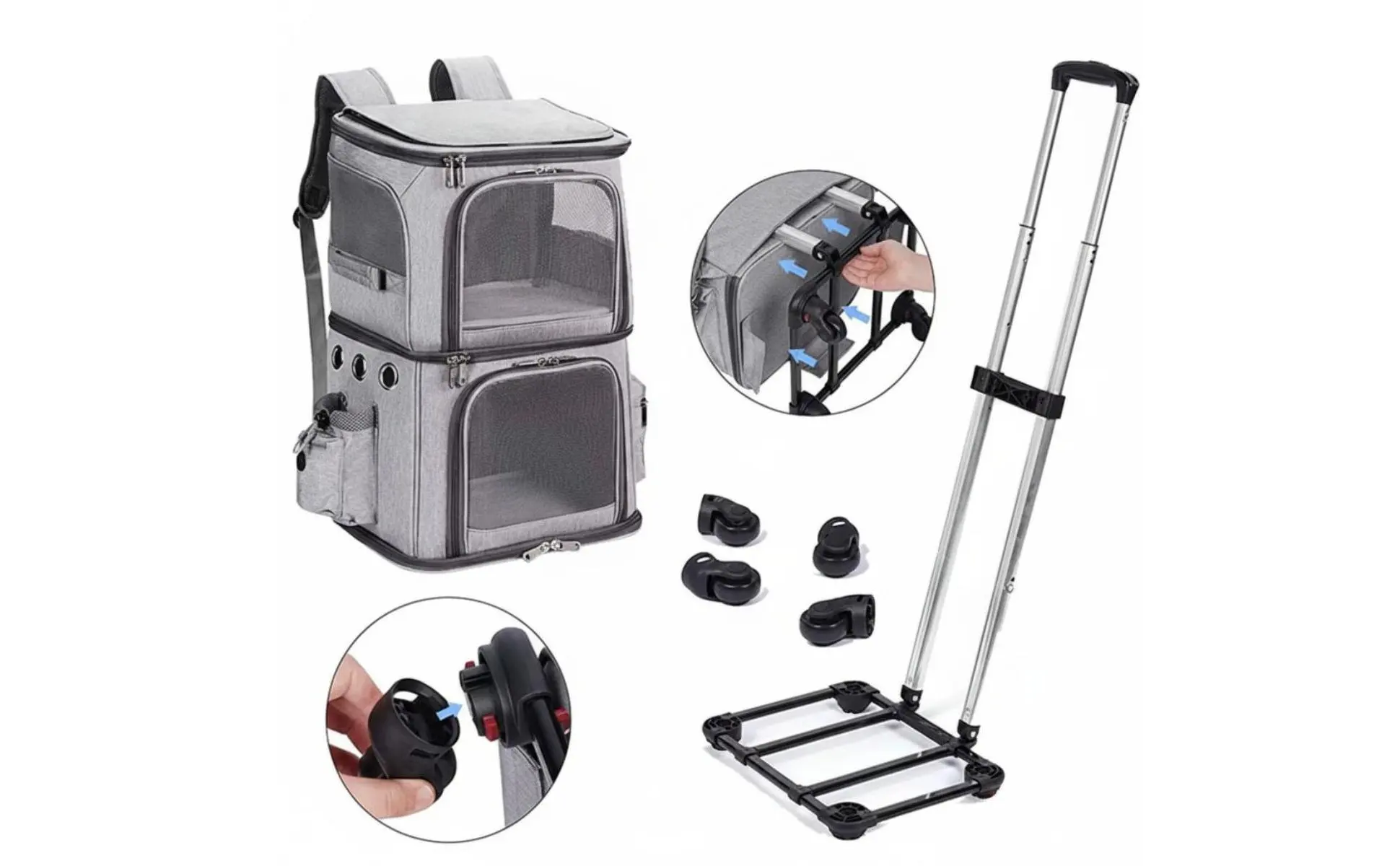Double-Deck Pet Carrier Breathable Pet Trolley Bag Feline Travel Carrier Telescopic Handle Dog Travel Bag Side Pockets
