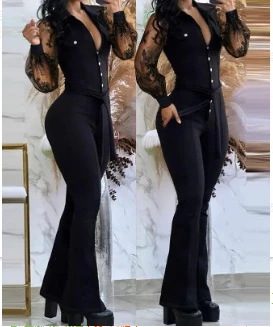 Jumpsuit Women 2023 Autumn Elegant Tied Detail Turn-Down Collar Plain Long Sleeves Flared Jumpsuit Fashion One Pieces Overalls