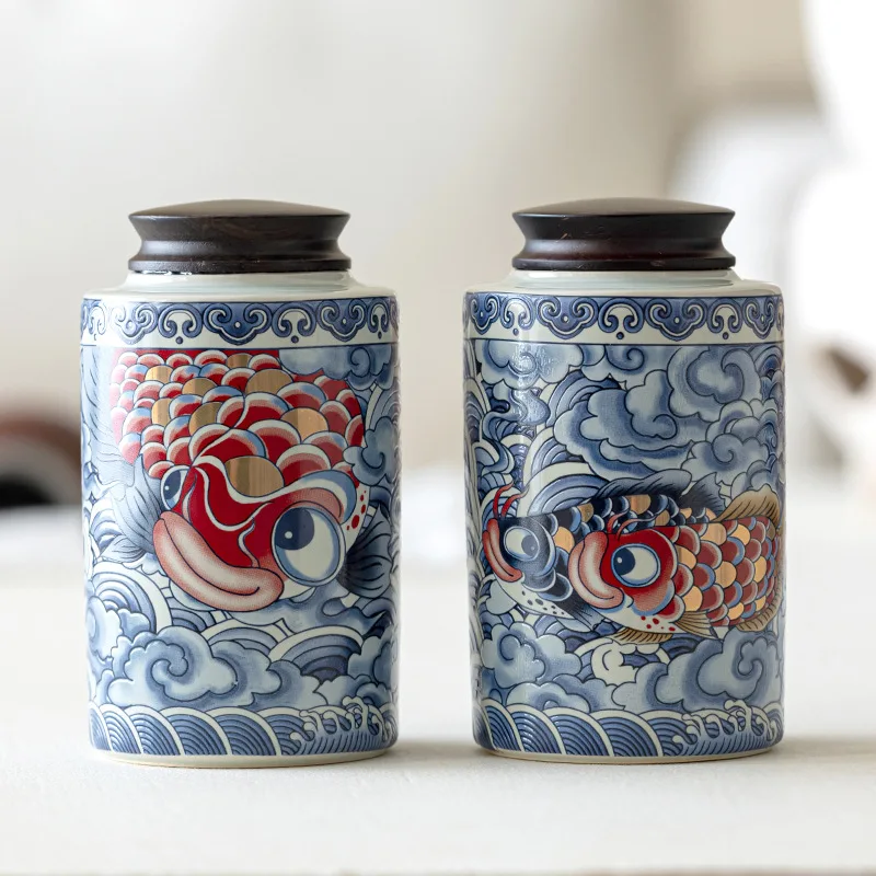 Contenitore per tè creativo in porcellana bianca e blu per la casa, modello di pesce in ceramica, vaso decorativo, scatola multifunzionale per caramelle e noci