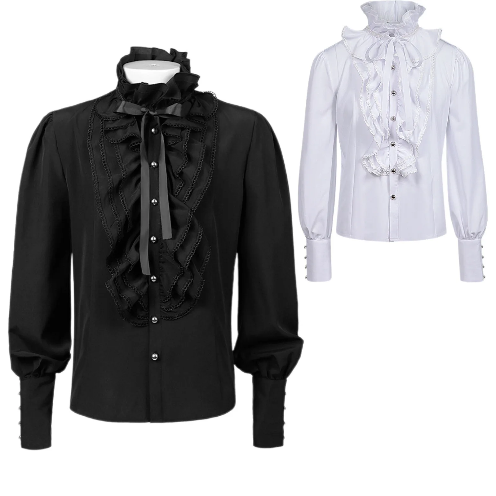 European and American Men's Black and White Pleated Shirt Medieval Clothing Steampunk Victorian Top Stage Performance Costumes