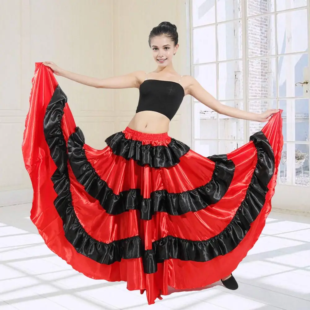 Women Maxi Skirt Elastic Waist Stitching Layered Cake Skirt Color-Blocked Red Black 360 Degree Oversized Skirt Stage Performance
