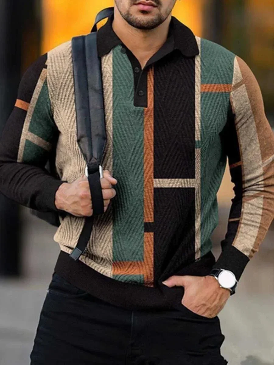 Men's Elegante En Moderne Patchwork Overhemden Long Sleeve Button Polo Shirt