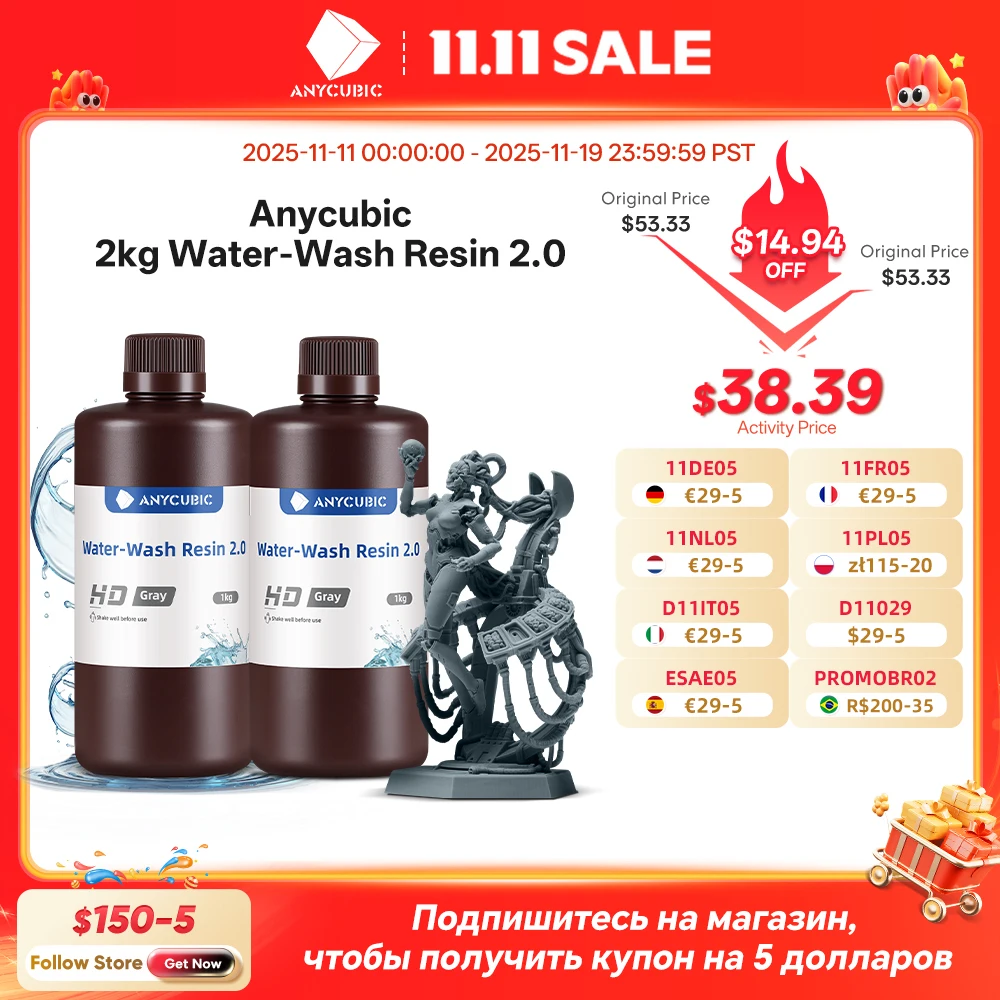 ANYCUBIC Water-Wash Resin For LCD 3D Printer High Precision Low Odor Low Viscosity 3D Printing Standard Photopolymer