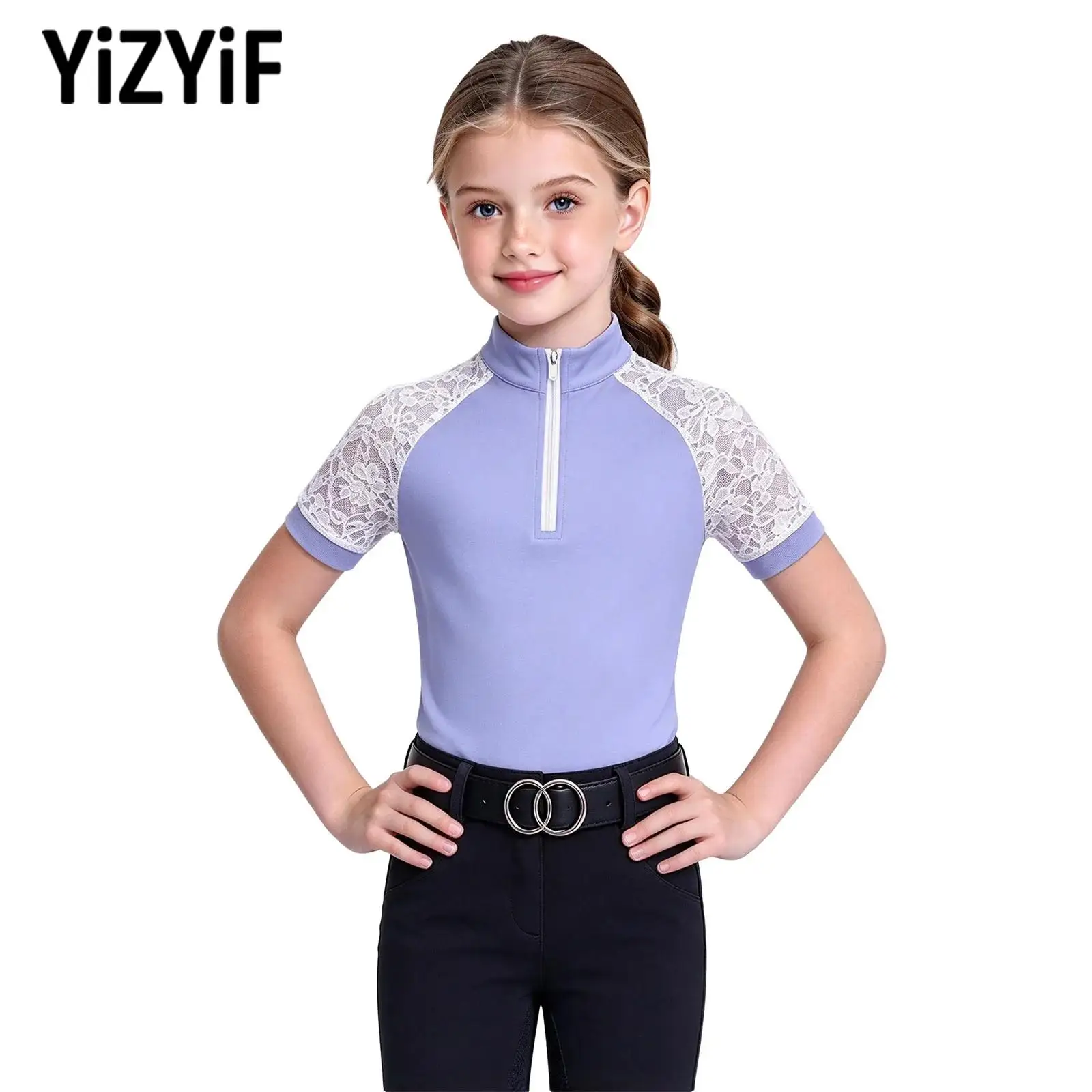 Kids Girls Lace Short Sleeves Equestrian Shirt Zip-up Stand Collar Quick Dry Horse Riding T-shirts Top Horseback Show Training