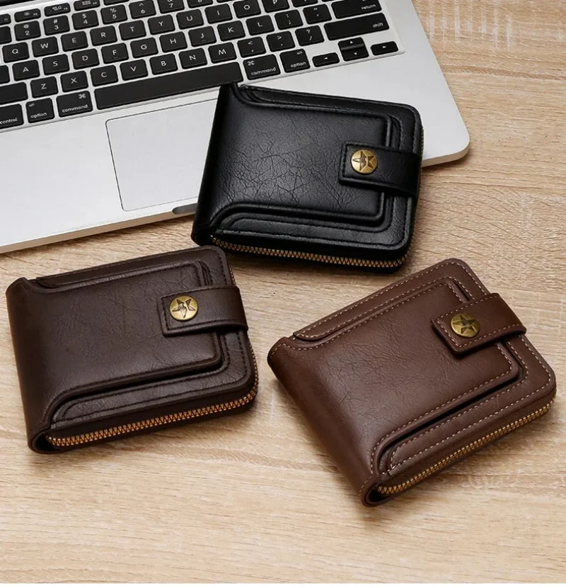 Short Horizontal Zipper Coin Purse, 70% off Card Slots, Men's High-Quality Pu Leather Vintage Small Wallet, Men's Wallet