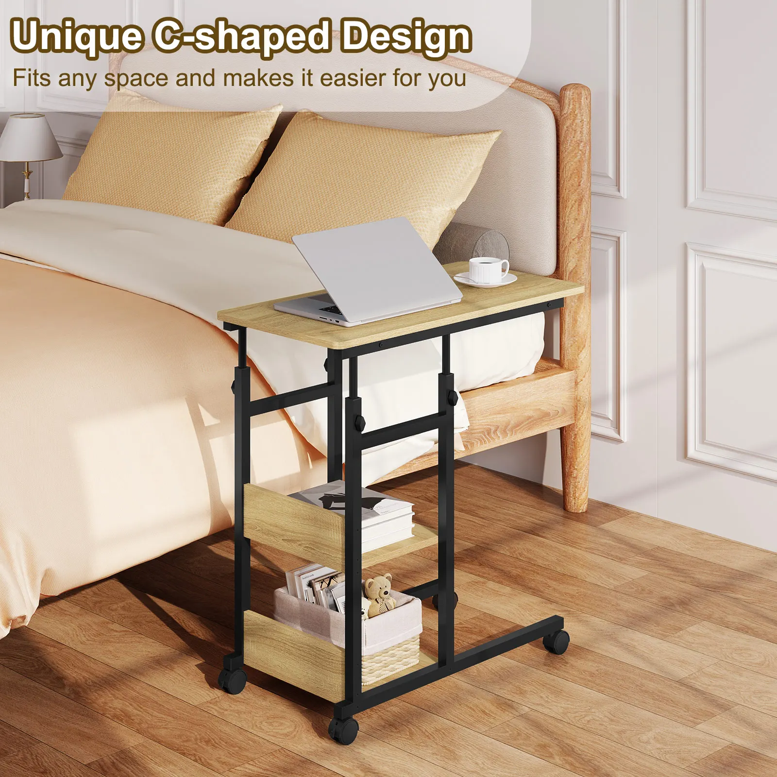 WOLTU Couchtisch, Beistelltisch, Bett-Sofa-Laptoptisch, C-förmig, höhenverstellbar, mit Rollen, Beistelltisch für Wohnzimmer, Schlafzimmer – Detail 18