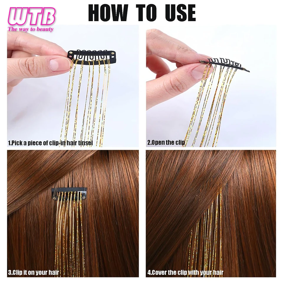 12 Piezas Clip en Cabello 20 Pulgadas Sintético Colorido Glitter Tinsel Extensión de Cabello Fiesta Navidad Año Nuevo Regalo para Mujeres Cabello 3
