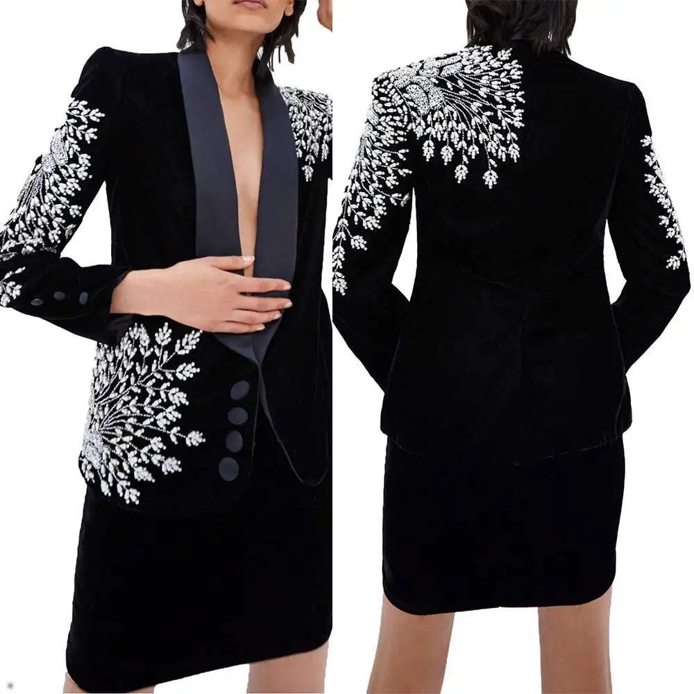 

Glittering Beading Women Blazer Dress Sets Slim Fit Crystal Prom Evening Guest Formal Wear Custom Made 2 Pieces Skirts Suits