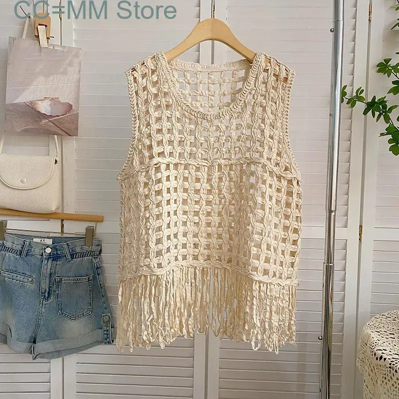 

New Tassel Tank Top Women Fashion Summer Streetwear Hollow Out Knitting Y2k Top Chic Vintage Sleeveless White Top