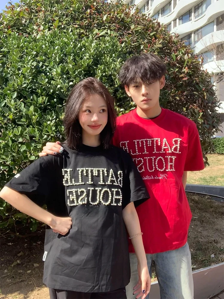 

Футболка из чистого хлопка с вышивкой букв, плотная, в американском стиле, для пар, мужская, летняя, модная одежда